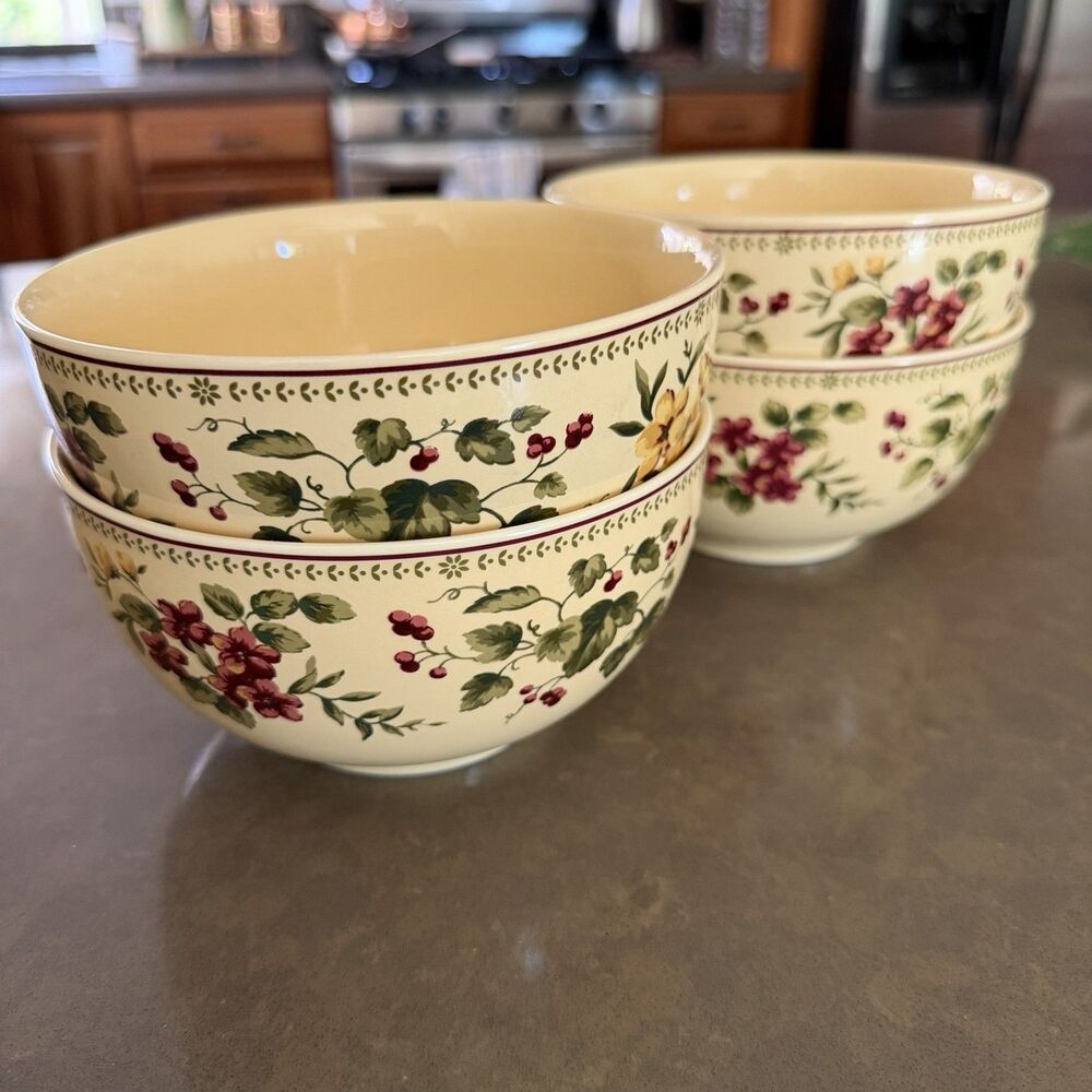 Waverly Garden Room Floral Manor 4 Cereal Soup Bowls (6”) Poland Florals Leaves